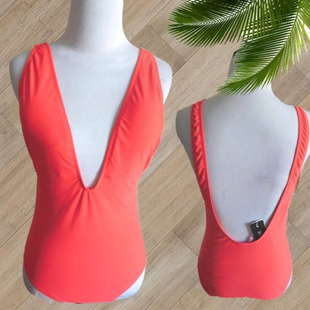 Zereca  RED PLUNGING ONE PIECE SWIMSUIT